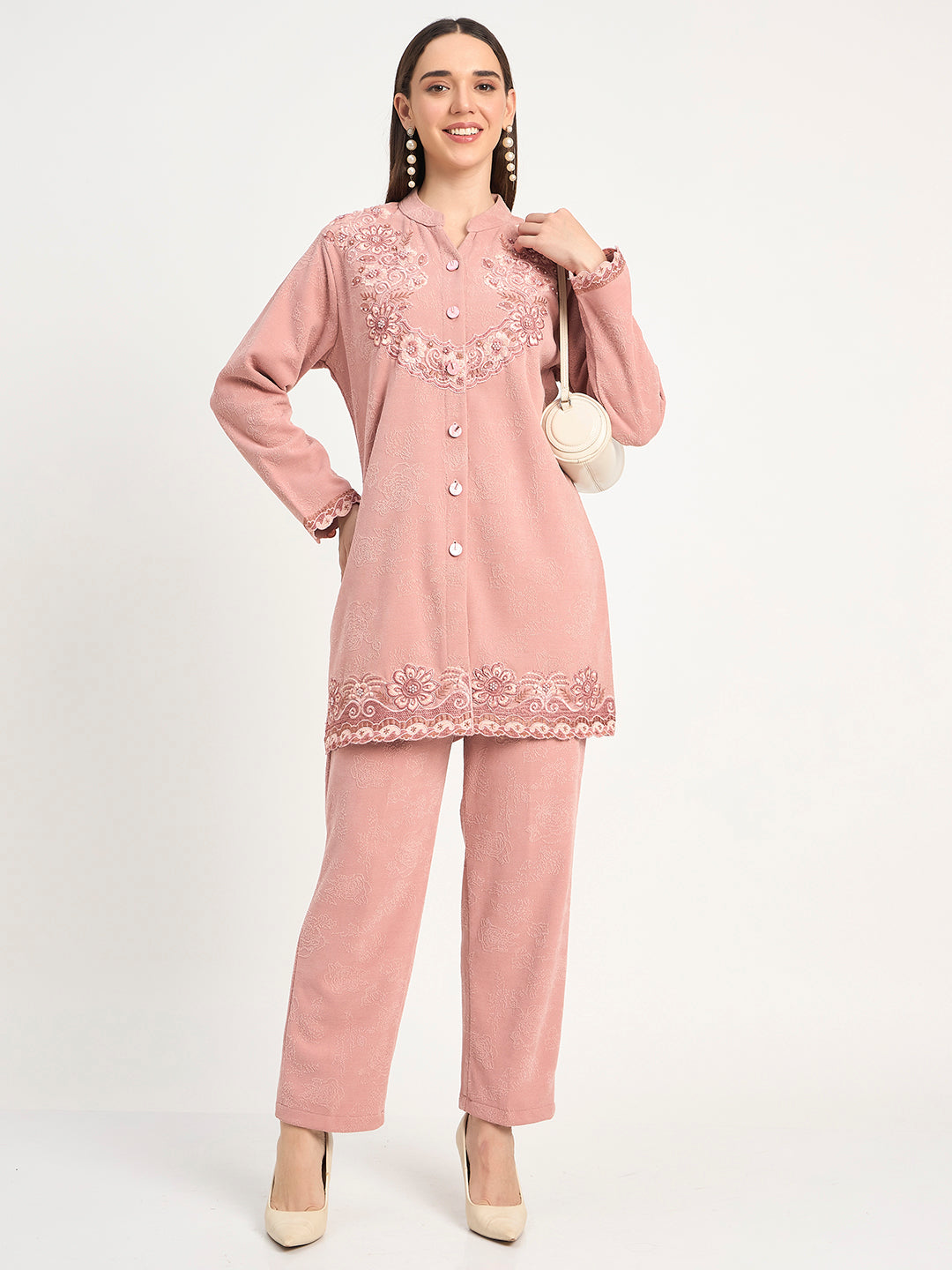 Elegant Pink Wool Blend Embroidered Winter Co-ord Set