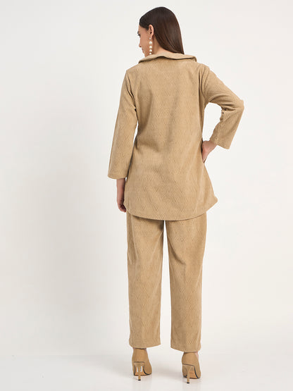 Premium Beige Textured Knit Winter Kurti & Pant Set