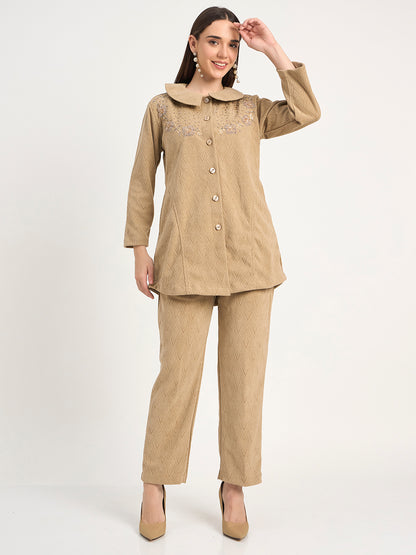 Premium Beige Textured Knit Winter Kurti & Pant Set