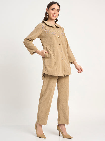 Premium Beige Textured Knit Winter Kurti & Pant Set