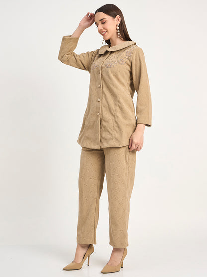 Premium Beige Textured Knit Winter Kurti & Pant Set