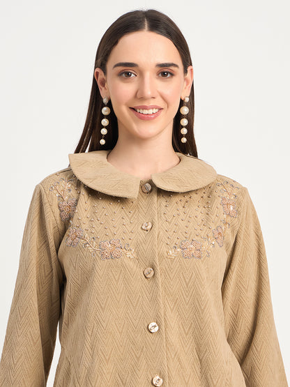 Premium Beige Textured Knit Winter Kurti & Pant Set