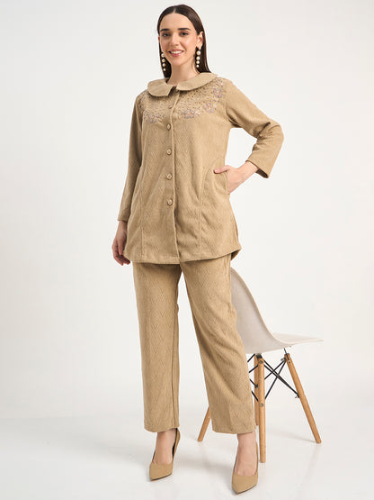 Premium Beige Textured Knit Winter Kurti & Pant Set