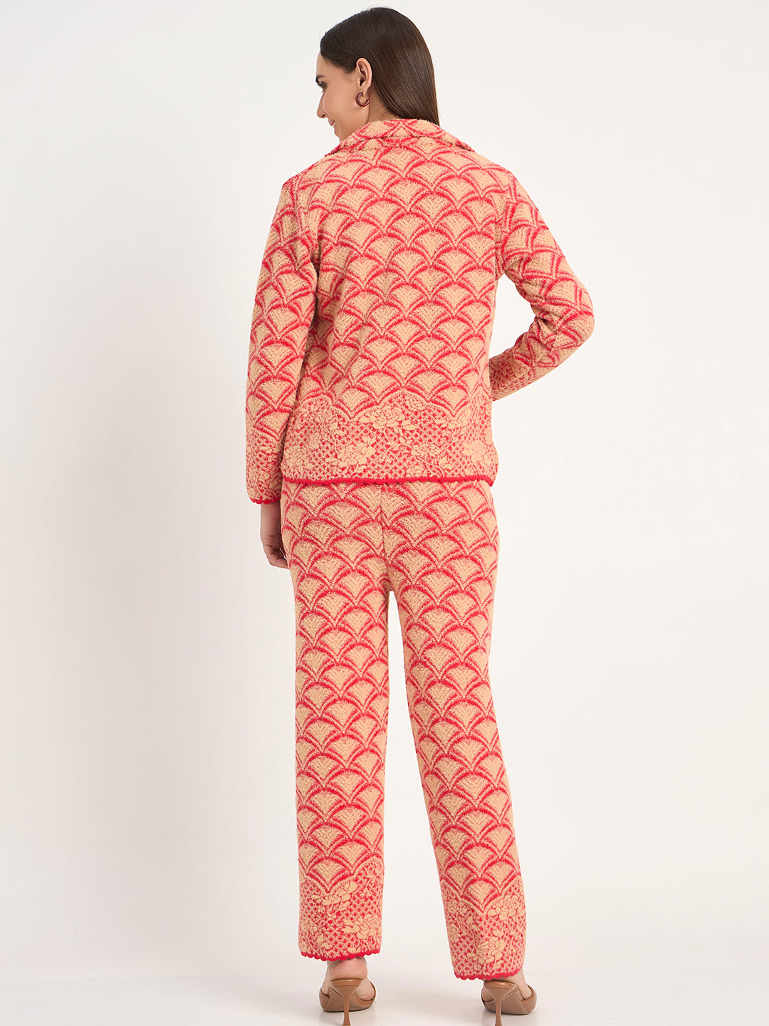 Red Beige Textured Knit Winter Co-ord Set for Women