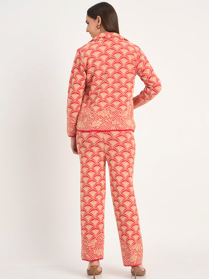 Red Beige Textured Knit Winter Co-ord Set for Women