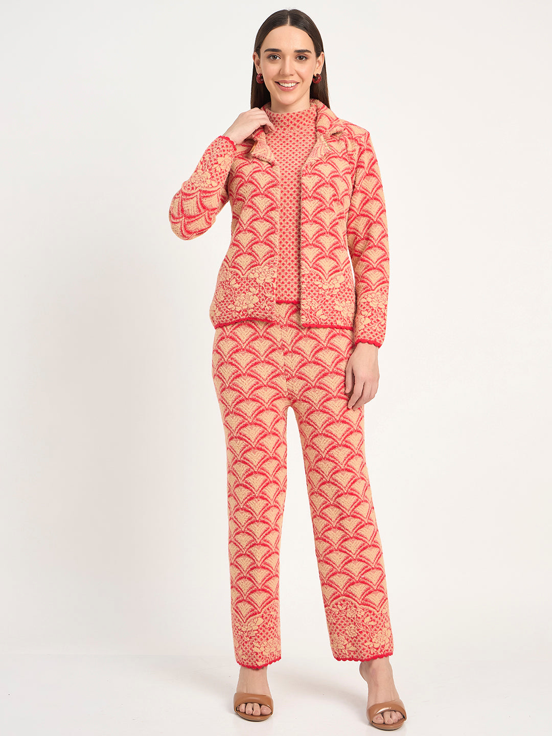 Red Beige Textured Knit Winter Co-ord Set for Women