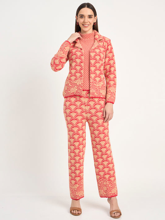 Red Beige Textured Knit Winter Co-ord Set for Women