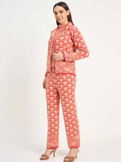 Red Beige Textured Knit Winter Co-ord Set for Women