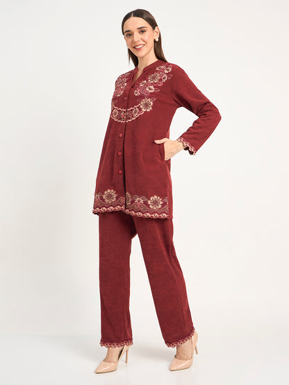 Embroidered Maroon Winter Wool Co-ord Set