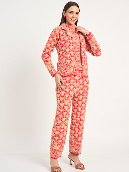 Red Beige Textured Knit Winter Co-ord Set for Women