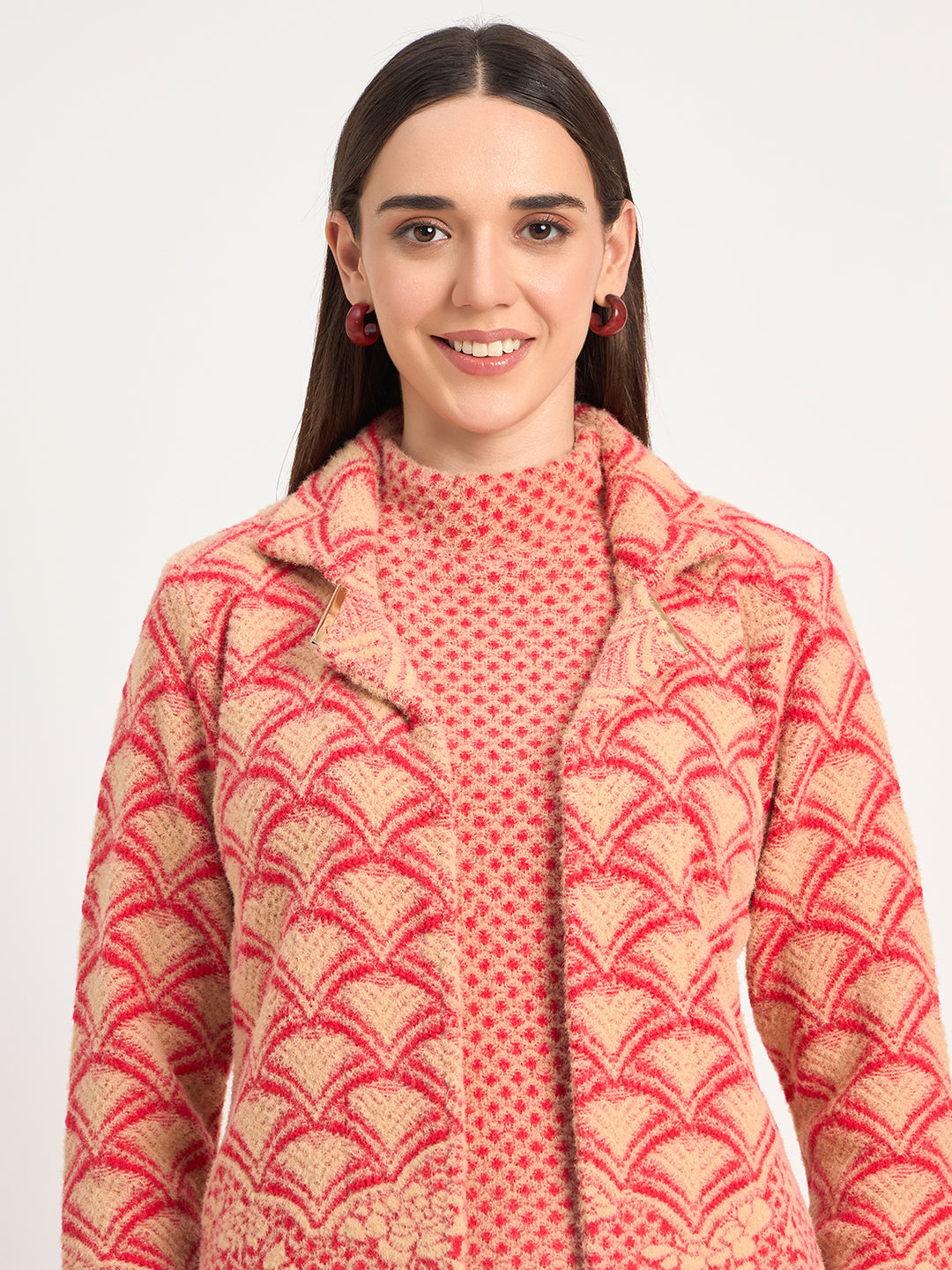 Red Beige Textured Knit Winter Co-ord Set for Women