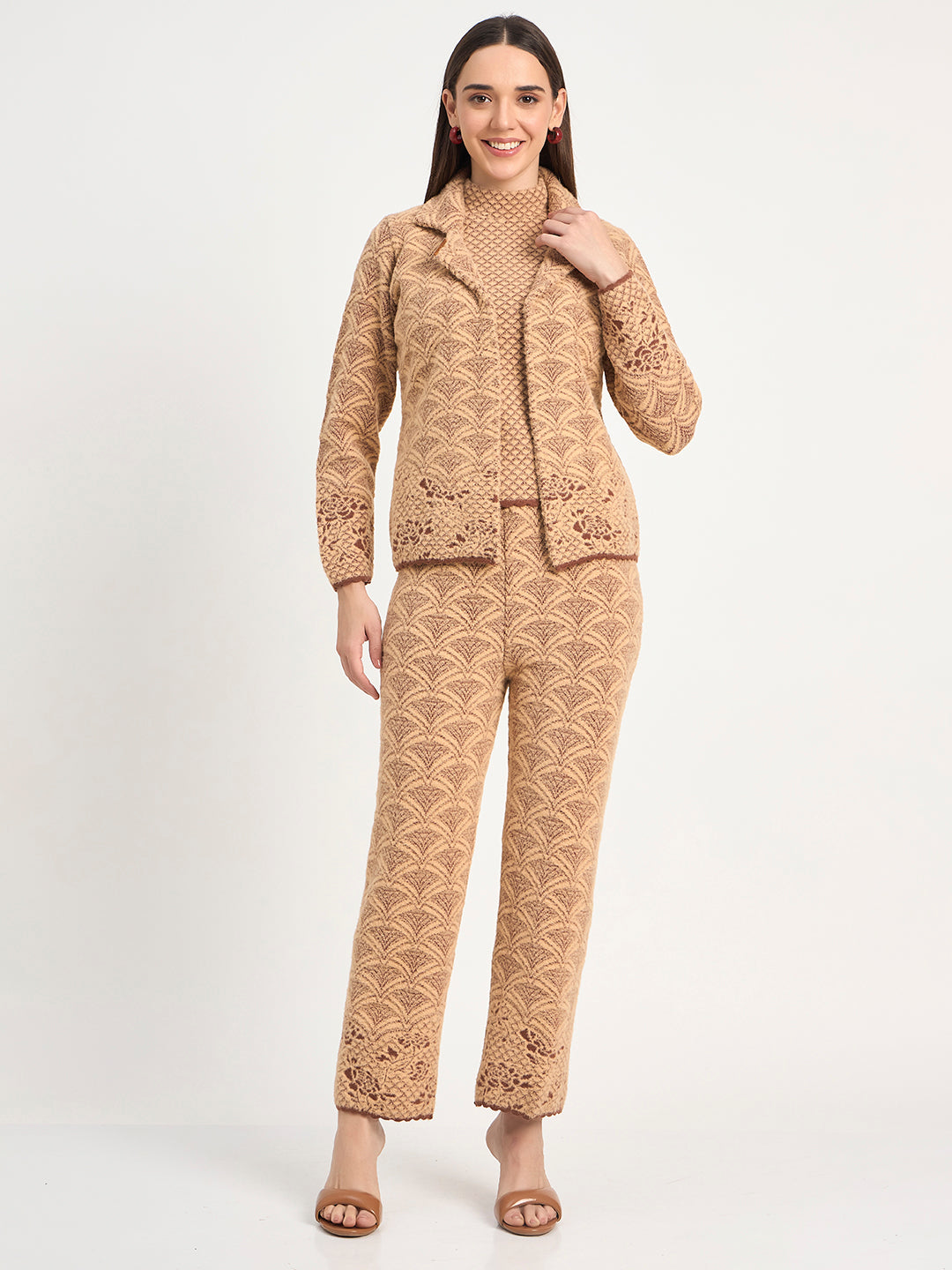 Soft Wool Blend Beige Pattern Co-ord Set