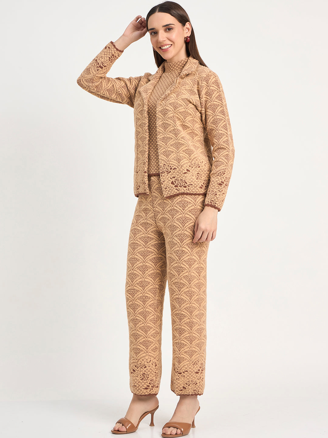 Soft Wool Blend Beige Pattern Co-ord Set