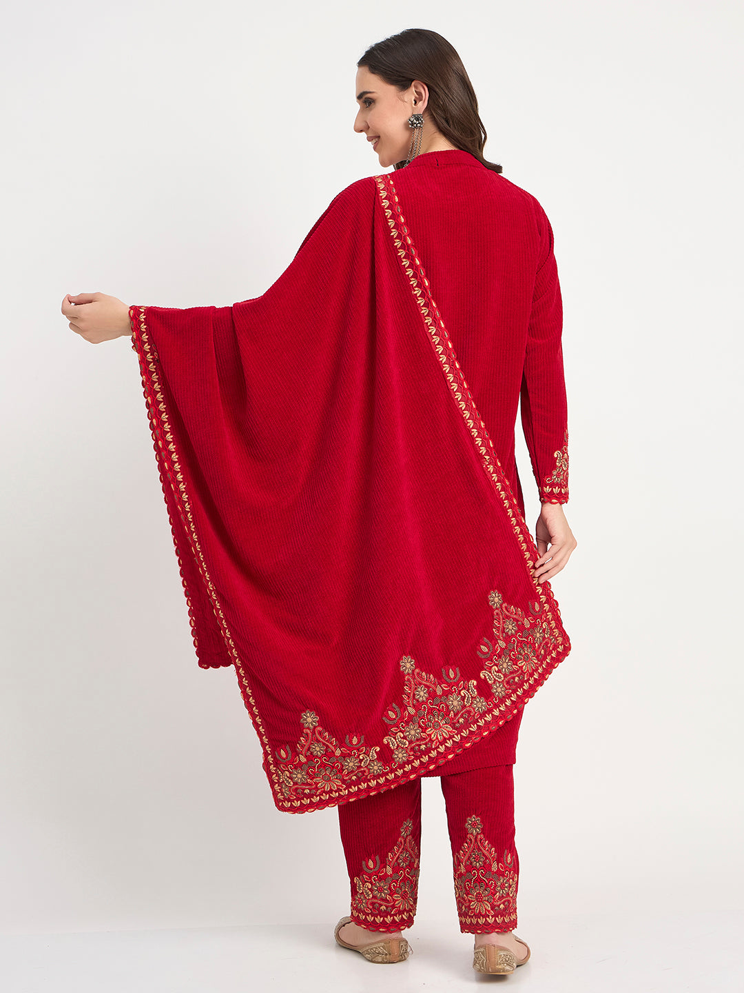 Premium Red Winter Embroidered Kurti Pant Shawl Set