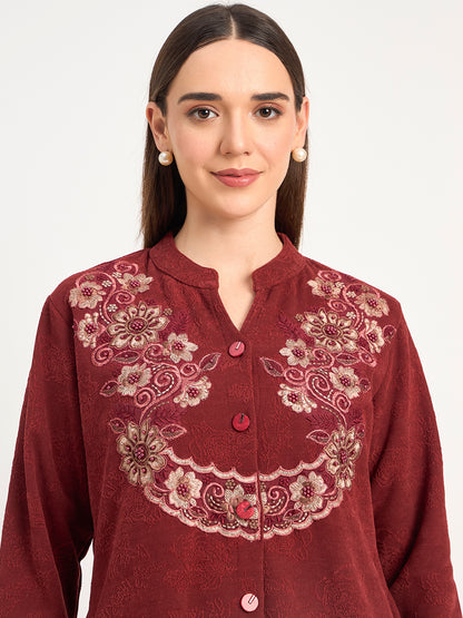 Embroidered Maroon Winter Wool Co-ord Set