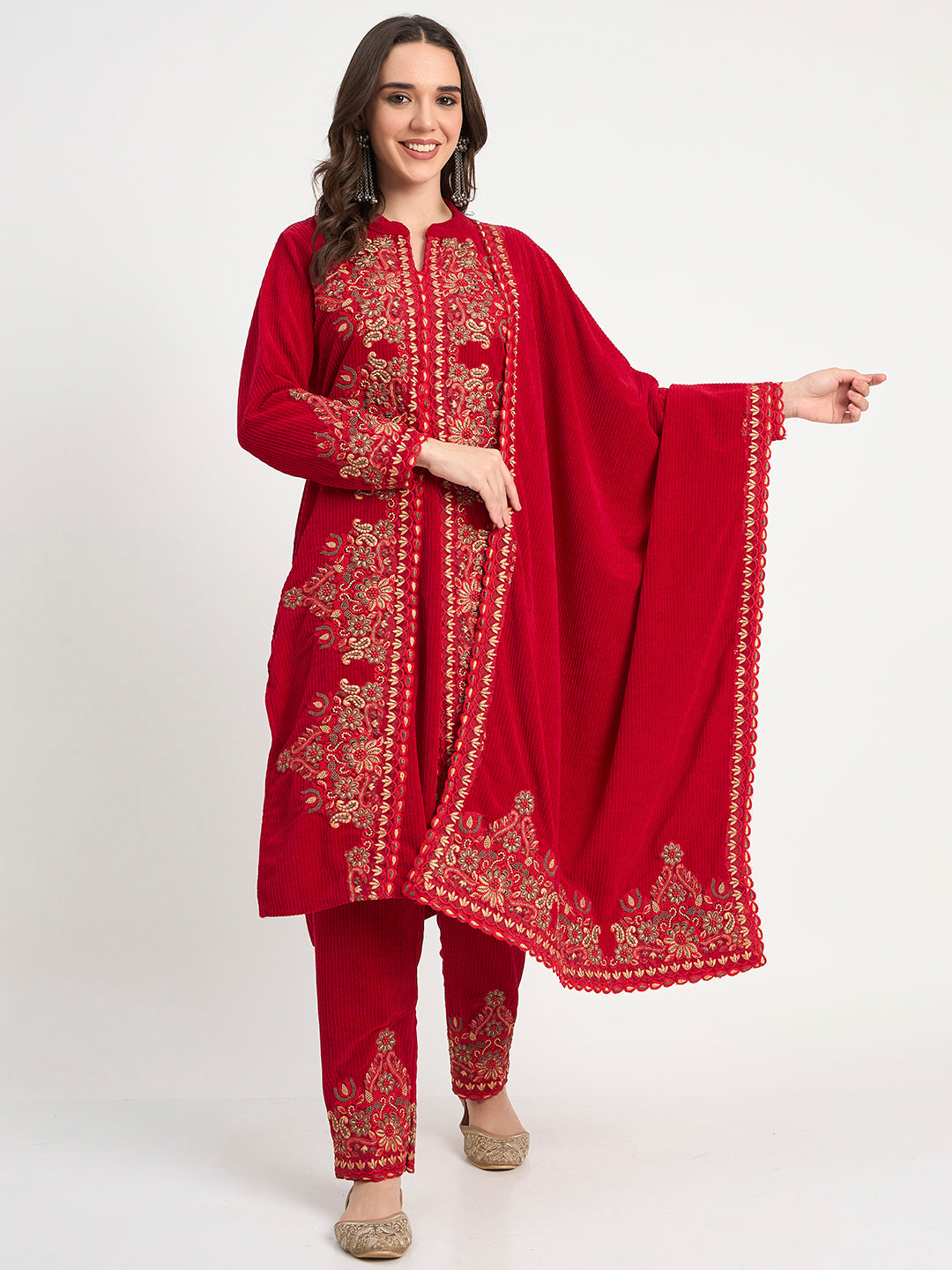 Premium Red Winter Embroidered Kurti Pant Shawl Set
