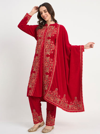 Premium Red Winter Embroidered Kurti Pant Shawl Set