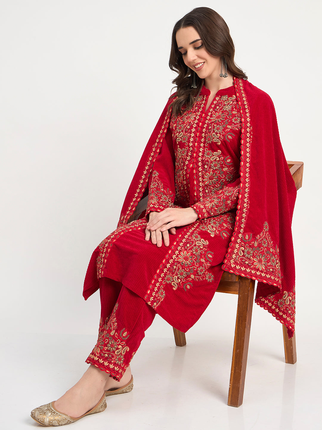 Premium Red Winter Embroidered Kurti Pant Shawl Set
