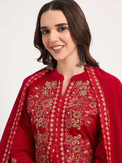 Premium Red Winter Embroidered Kurti Pant Shawl Set