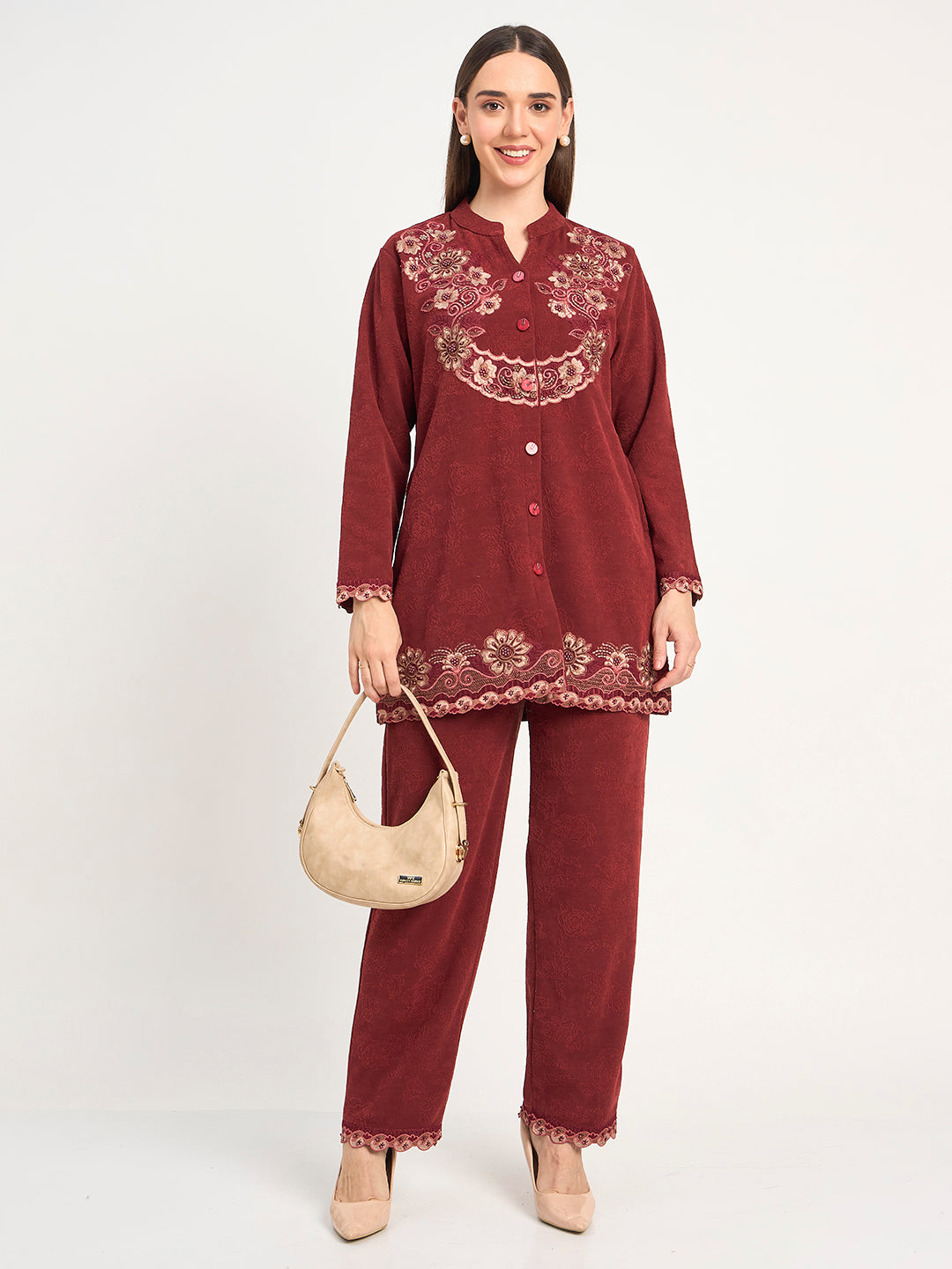 Embroidered Maroon Winter Wool Co-ord Set