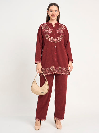 Embroidered Maroon Winter Wool Co-ord Set