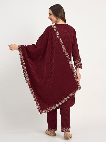 Maroon Festive Embroidered Winter Suit