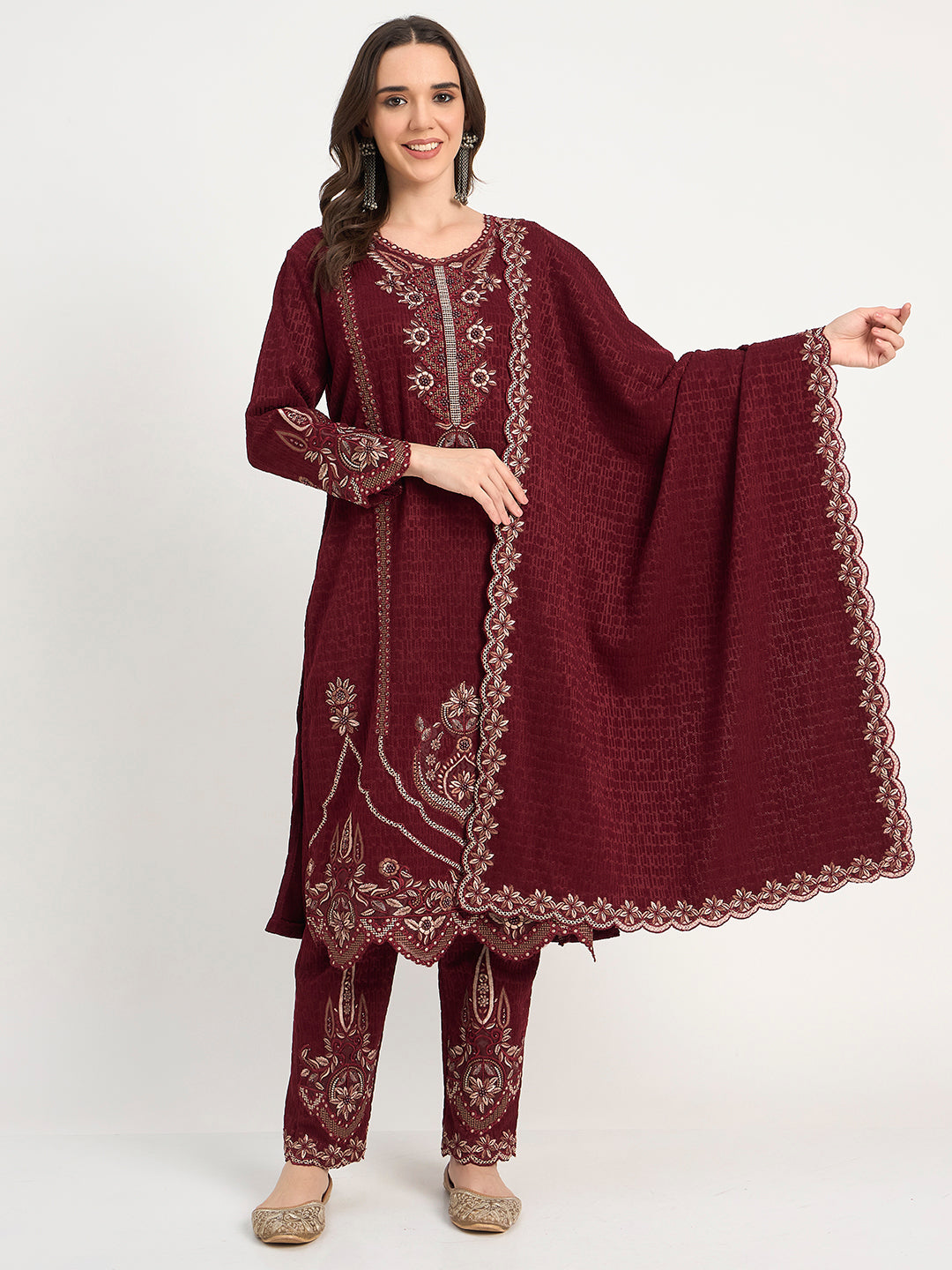 Maroon Festive Embroidered Winter Suit