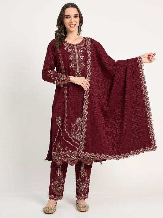 Maroon Festive Embroidered Winter Suit