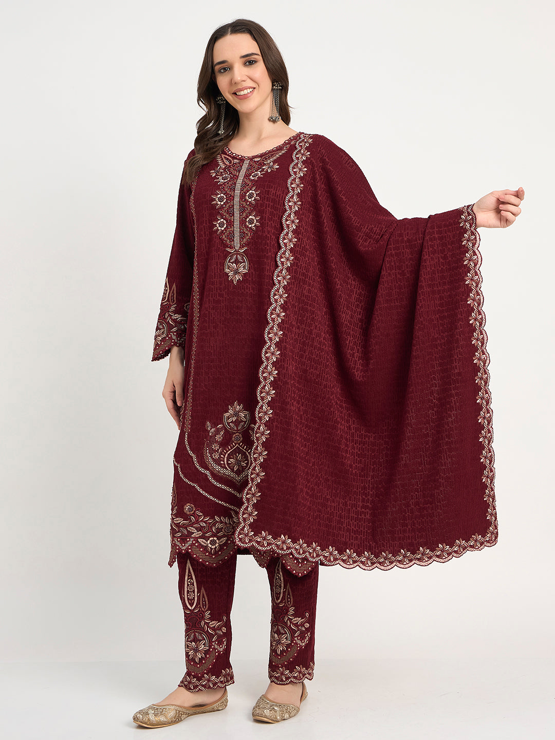 Maroon Festive Embroidered Winter Suit