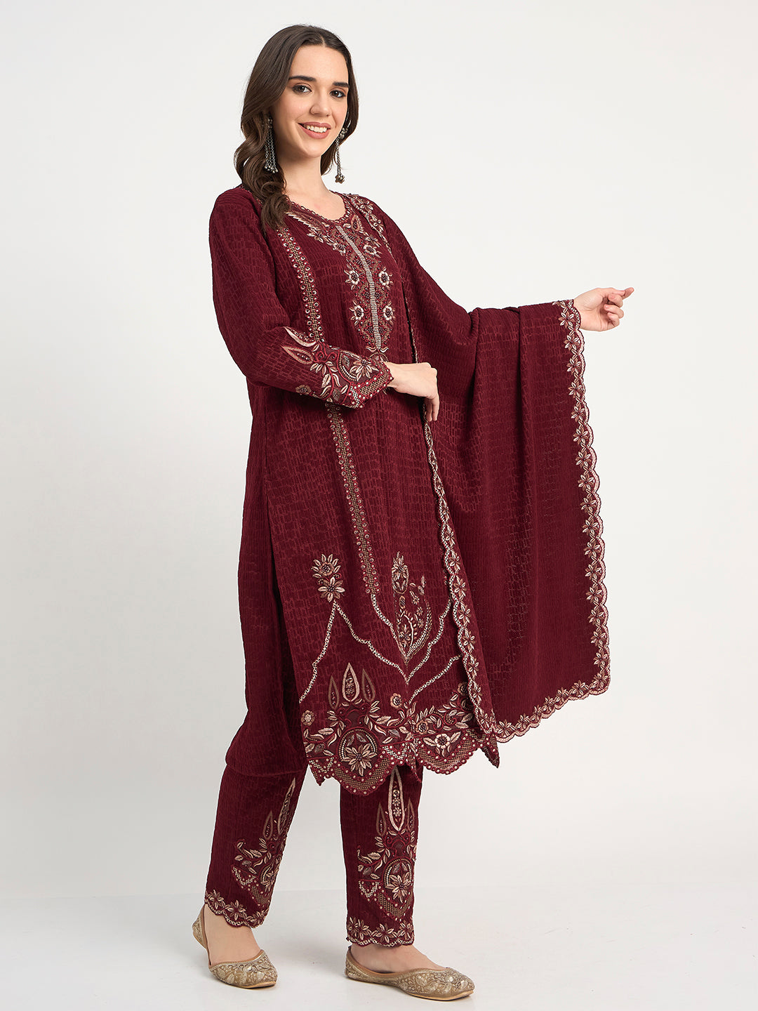 Maroon Festive Embroidered Winter Suit