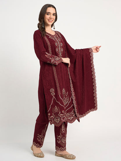 Maroon Festive Embroidered Winter Suit