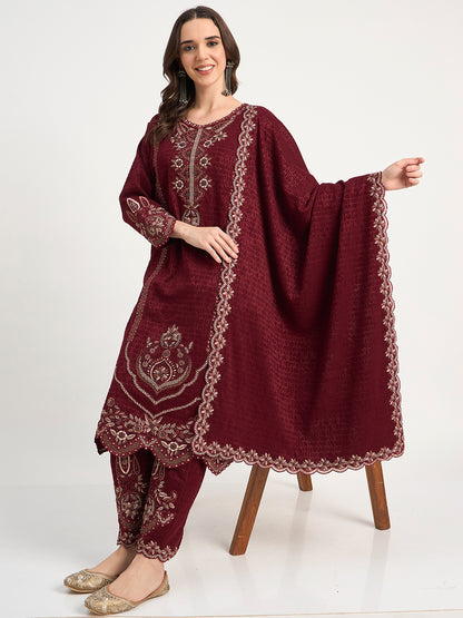 Maroon Festive Embroidered Winter Suit