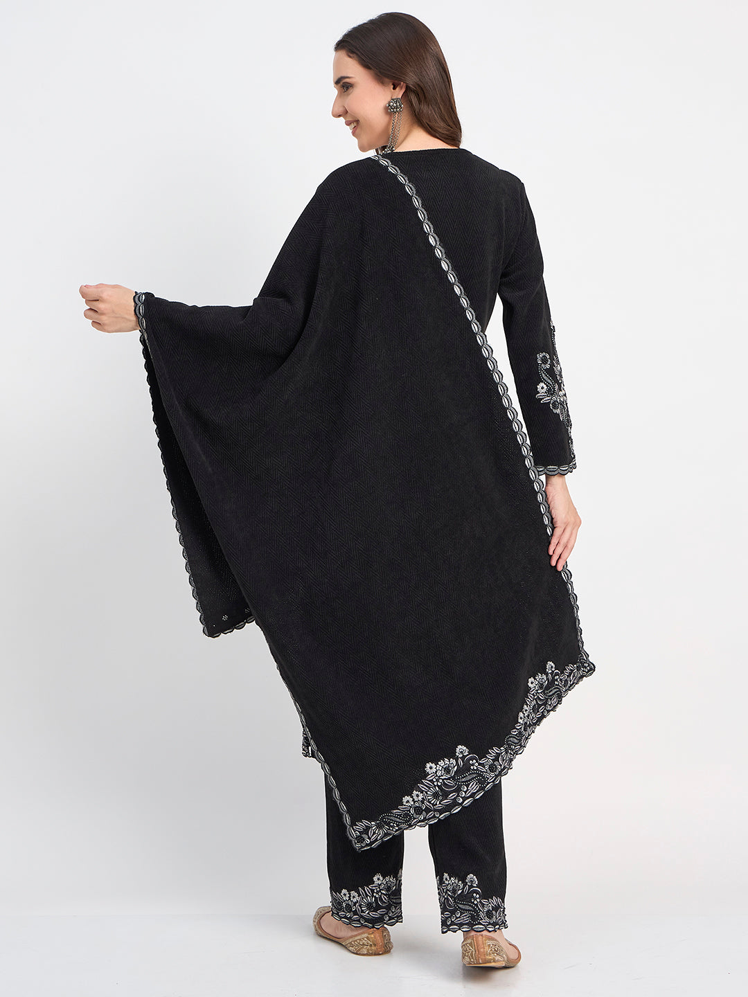 Elegant Black Embroidered Shawl Suit