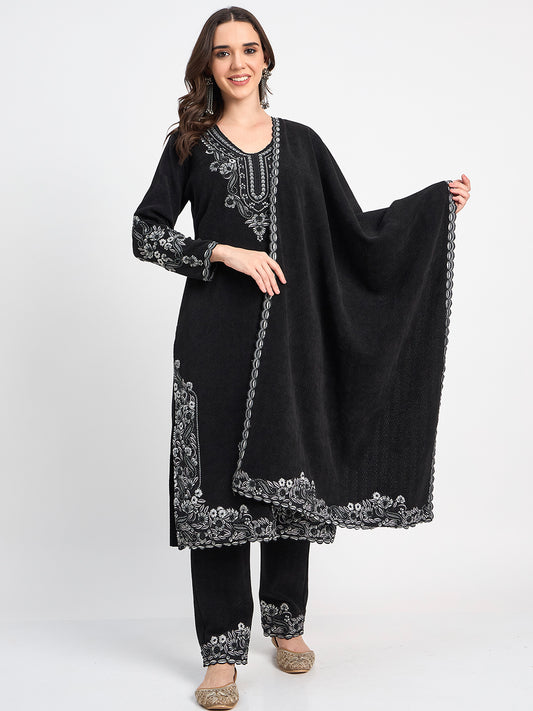 Elegant Black Embroidered Shawl Suit