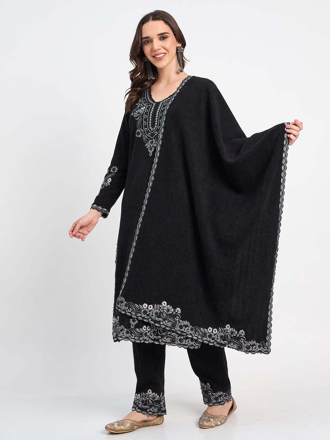 Elegant Black Embroidered Shawl Suit