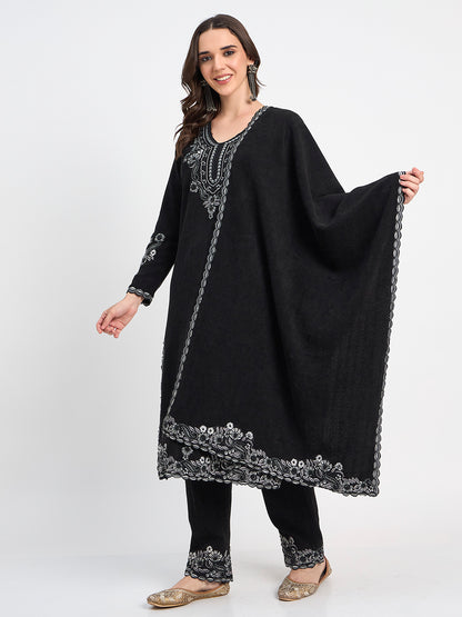 Elegant Black Embroidered Shawl Suit