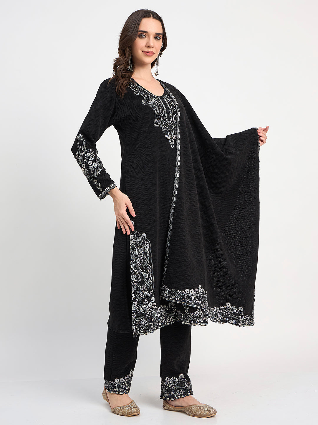Elegant Black Embroidered Shawl Suit
