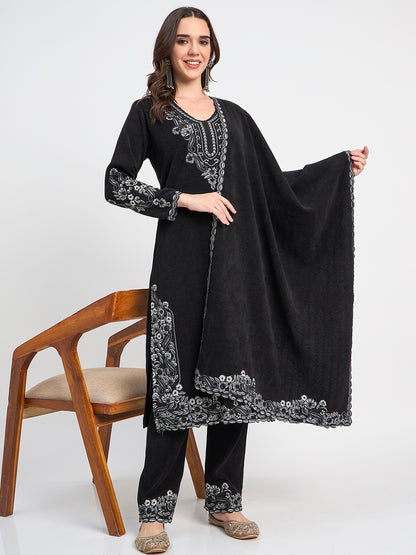 Elegant Black Embroidered Shawl Suit