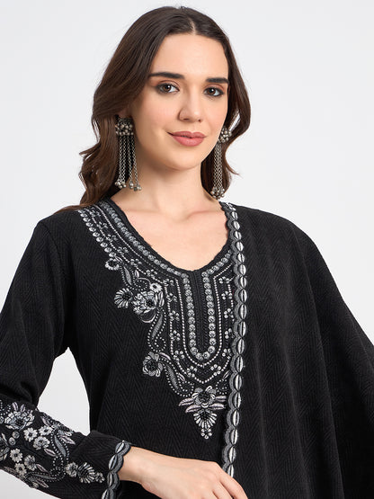 Elegant Black Embroidered Shawl Suit