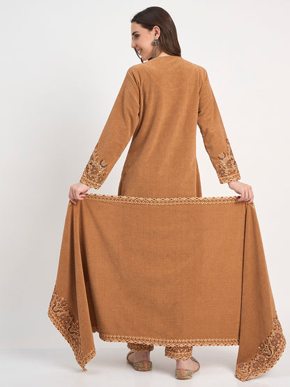 Premium Camel Brown 3-Piece Embroidered Winter Suit