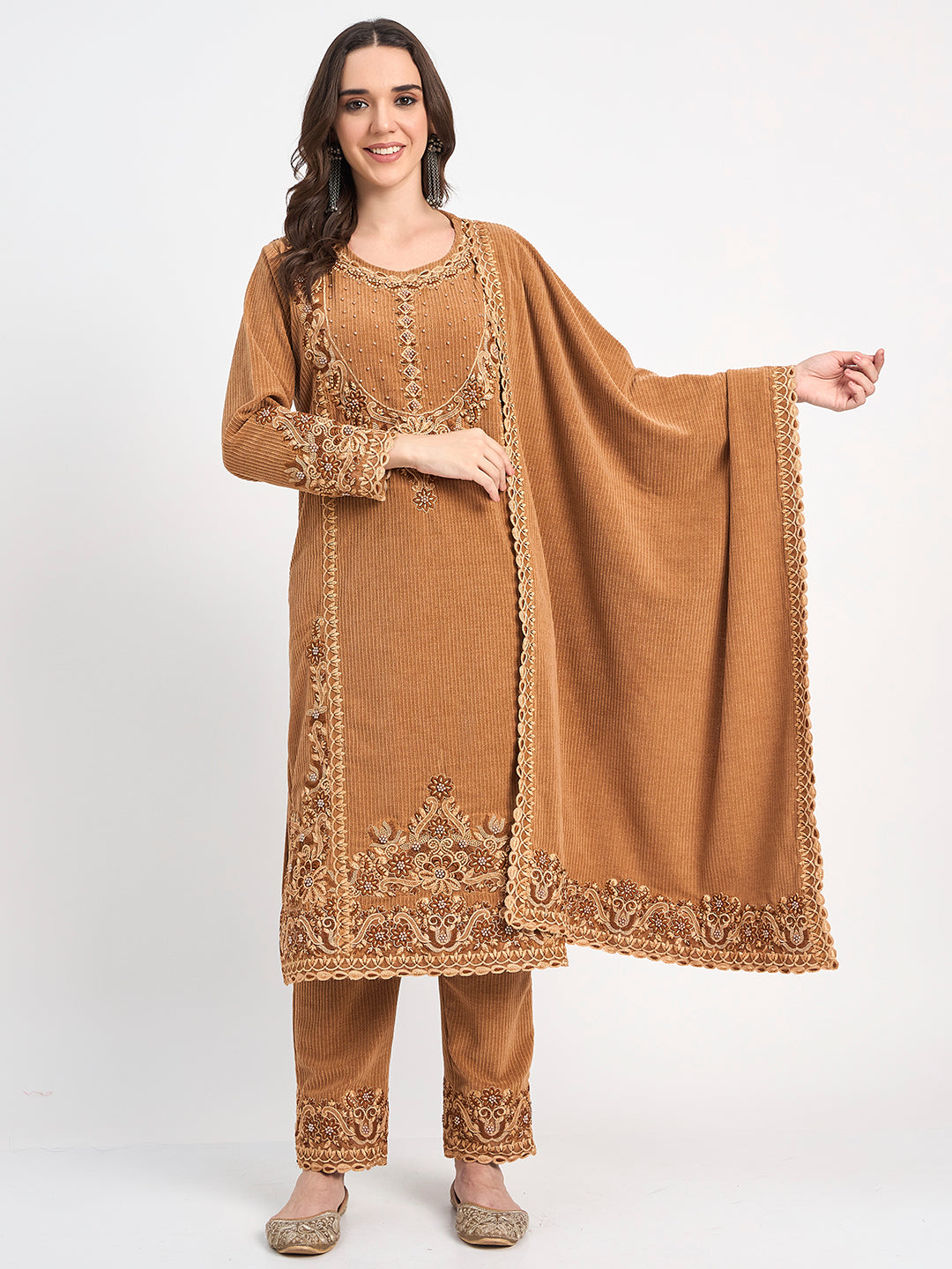 Premium Camel Brown 3-Piece Embroidered Winter Suit