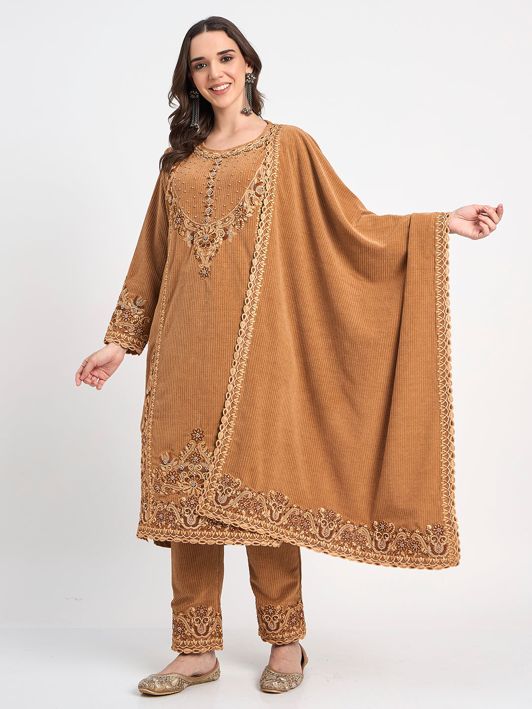 Premium Camel Brown 3-Piece Embroidered Winter Suit