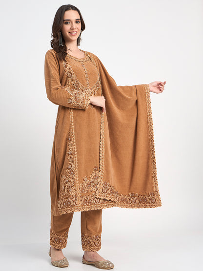 Premium Camel Brown 3-Piece Embroidered Winter Suit