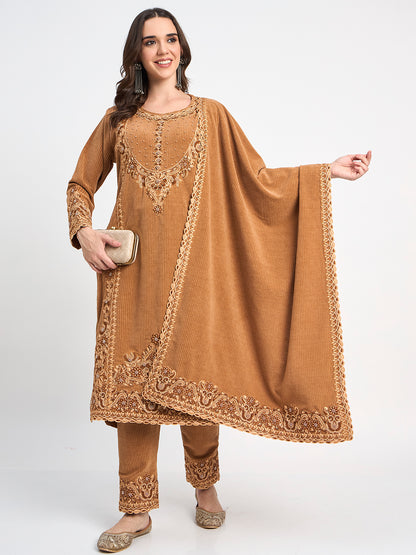Premium Camel Brown 3-Piece Embroidered Winter Suit