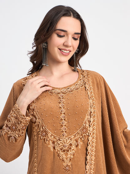 Premium Camel Brown 3-Piece Embroidered Winter Suit