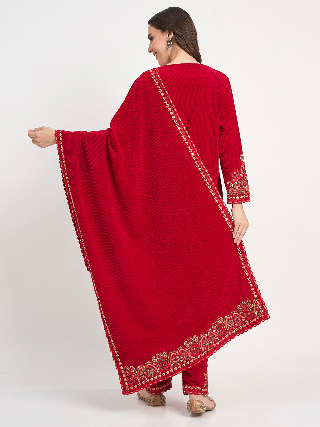 Ruby Red Embroidered Kurti Pant Shawl Set