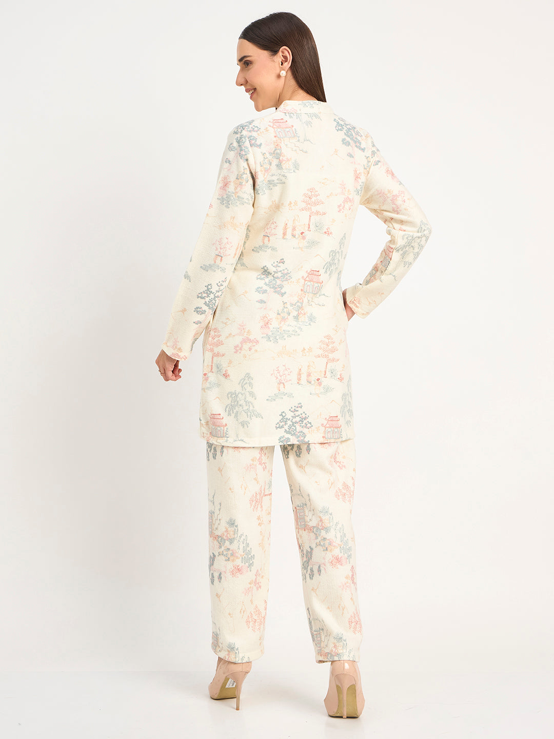 Cream Pastel Scenic Print Winter Wool Co-ord Set