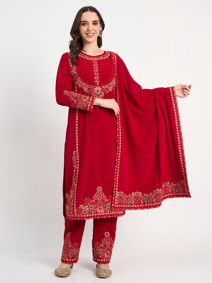 Ruby Red Embroidered Kurti Pant Shawl Set
