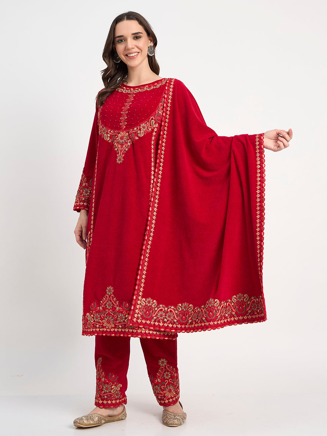 Ruby Red Embroidered Kurti Pant Shawl Set