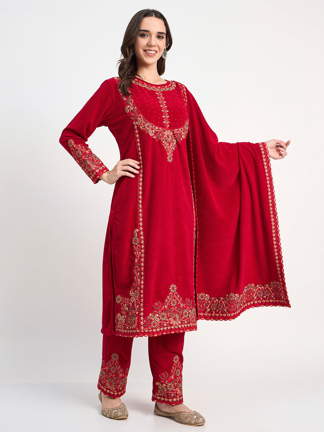 Ruby Red Embroidered Kurti Pant Shawl Set